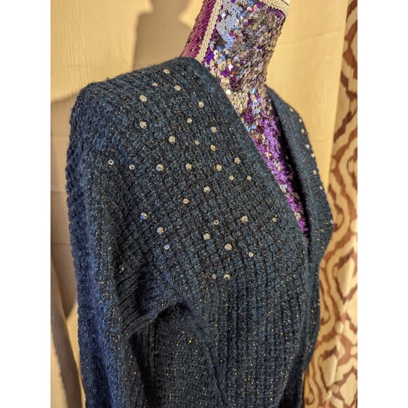 Lane Bryant 14/16 Navy Blue & Gold Cardigan Sweater with Studded Shoulder - Picture 3 of 7